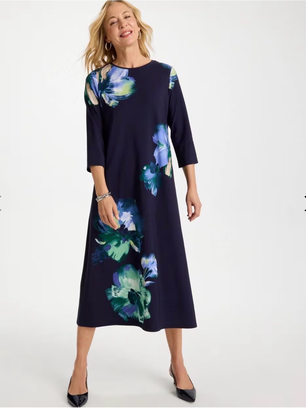 Chico's Navy Floral Midi Dress with Green and Blue Accents